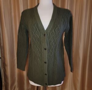 Talbots Cable Knit Cardigan Sweater Olive Green Size Medium Petite
